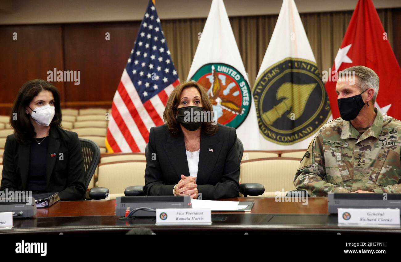 U.S. Vice President Kamala Harris takes part in a briefing with Generals of the Central Command (CENTCOM) and of the Special Operations Command (SOCOM) during her visit to the Central Command, at MacDill Air Force Base, in Tampa, Florida, U.S., July 14, 2022. REUTERS/Octavio Jones Stock Photo