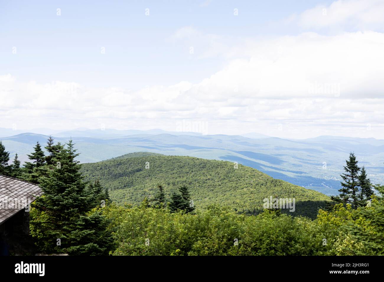 The view of the Berkshires from Mount Greylock, the tallest mountain in Massachusetts, USA, on a summer day. Stock Photo