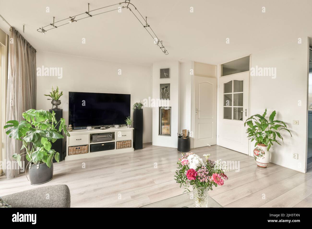 Comfortable sofa with cushions placed against light wall with TV and decorations in modern