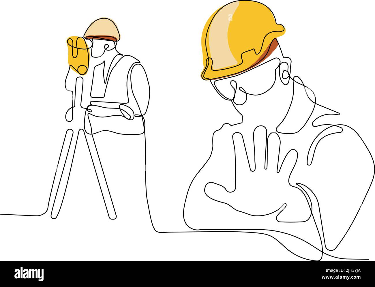 Caucasian worker with helmet on head using tablet Stock Vector