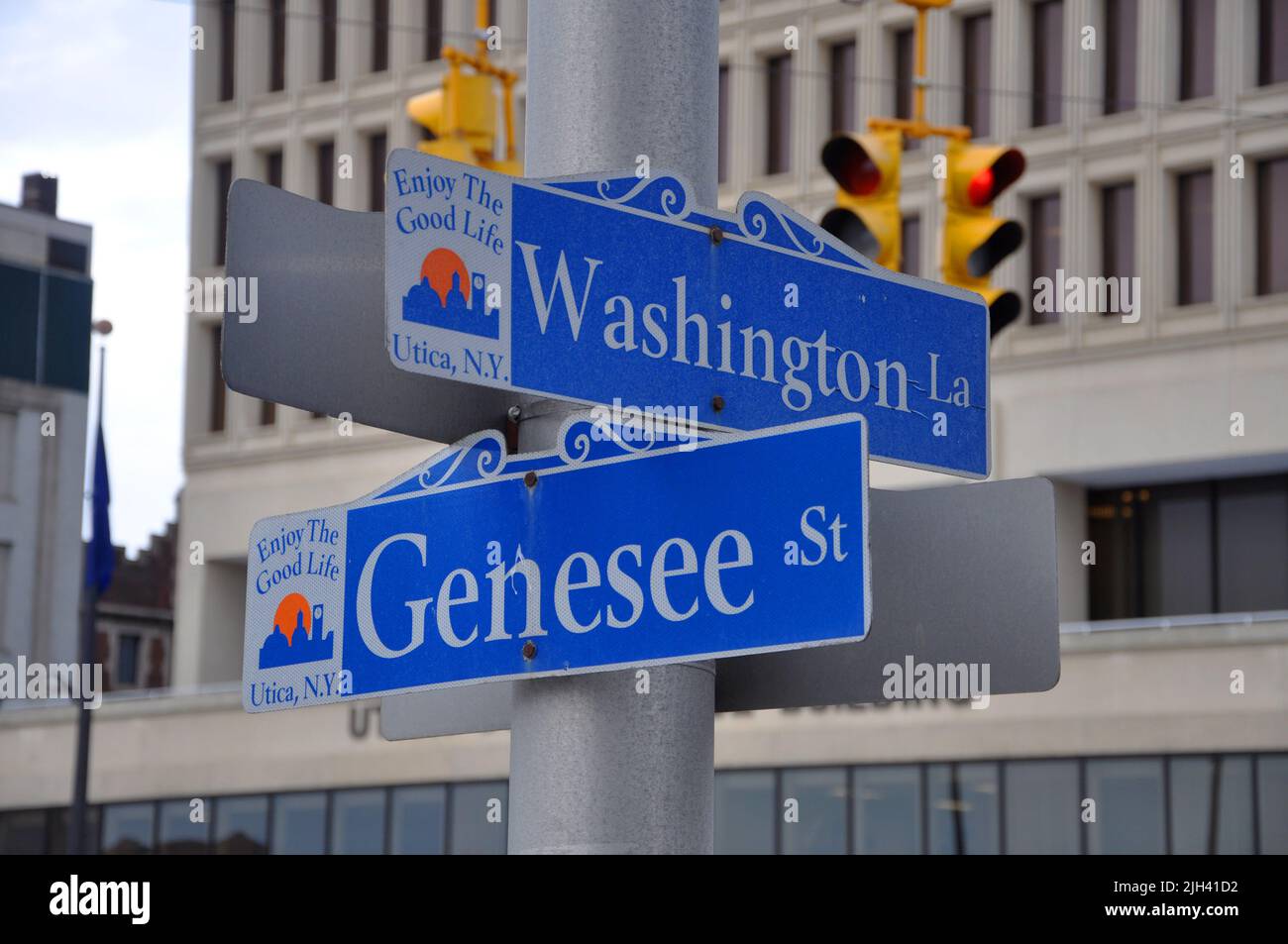 Road Sign of Washington Lane and Genesee Street in Historic downtown Utica, New York State NY, USA. This area is a National Register of Historic Place Stock Photo