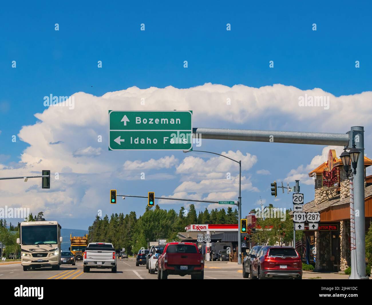 Montana, JUL 7 2022 Sunny street view of the West Yellowstone town