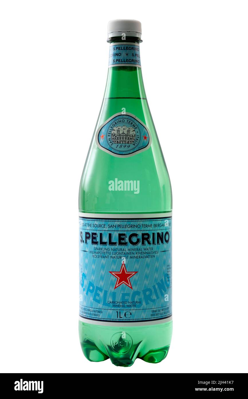 Croydon, UK - February 17, 2022: Sulfur rich 1L plastic bottle of San Pellegrino sparkling mineral water isolated on white background with clipping pa Stock Photo