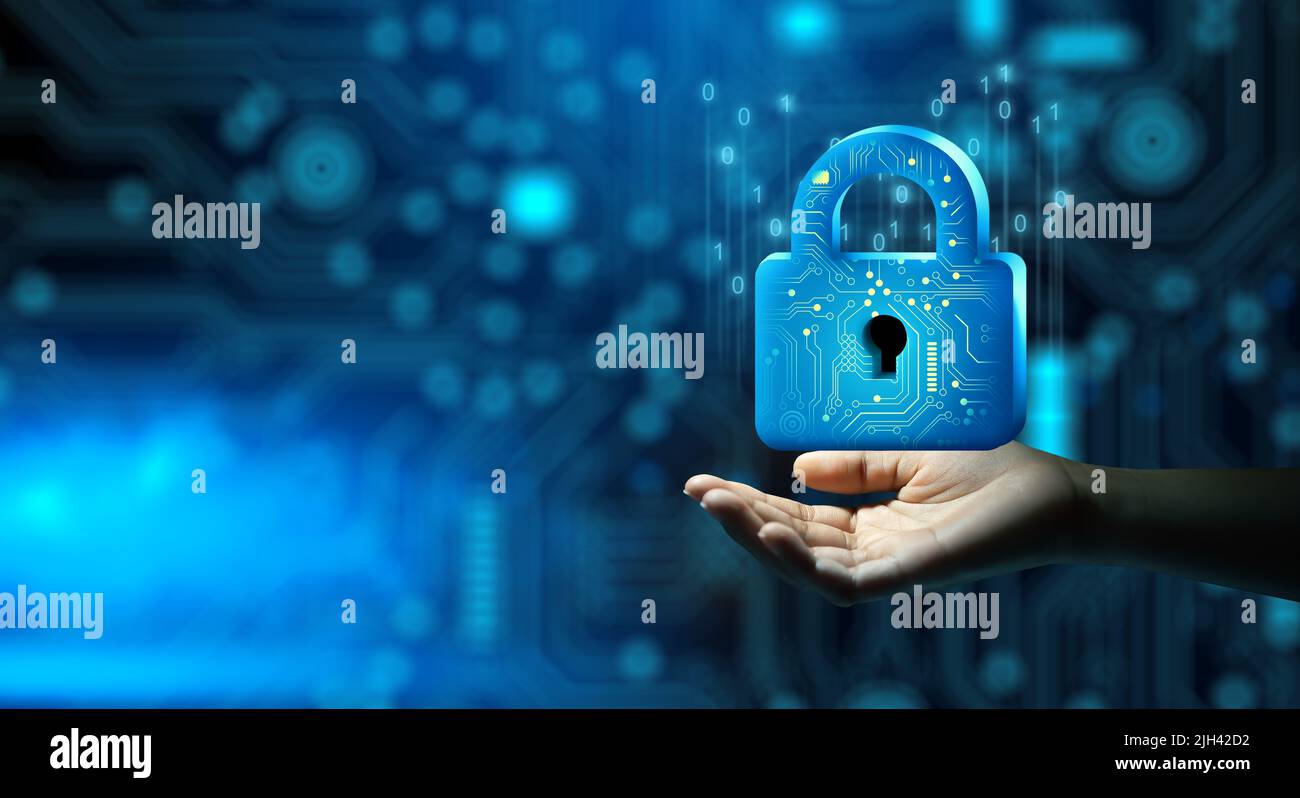 Businessman hand holding Padlock with Keyhole. Cyber data and information privacy. Future technology security, Network protection, and Modern safety. Stock Photo