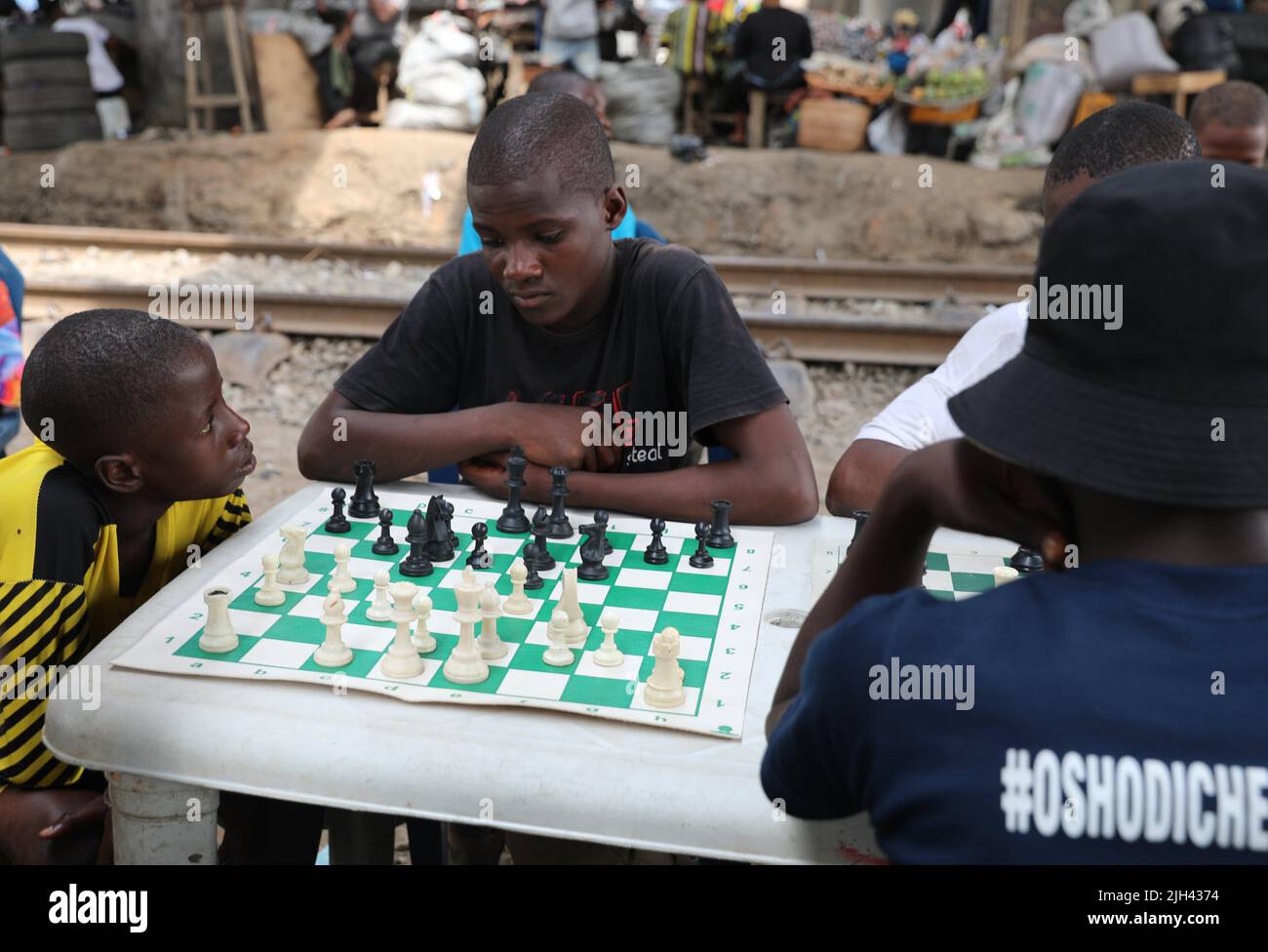 Oshodi, Nigeria. 27th Feb, 2022. 15-year-old Junior Monday plays a game ...