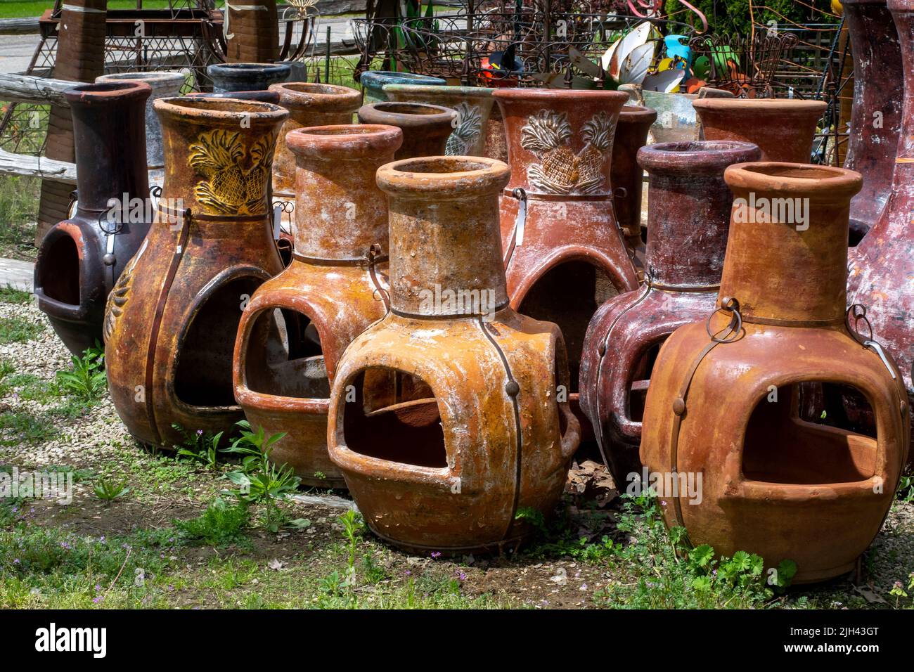 Mexican chimeneas are displayed at an outdoor market, a unique clay fireplace that comes from Mexico Stock Photo