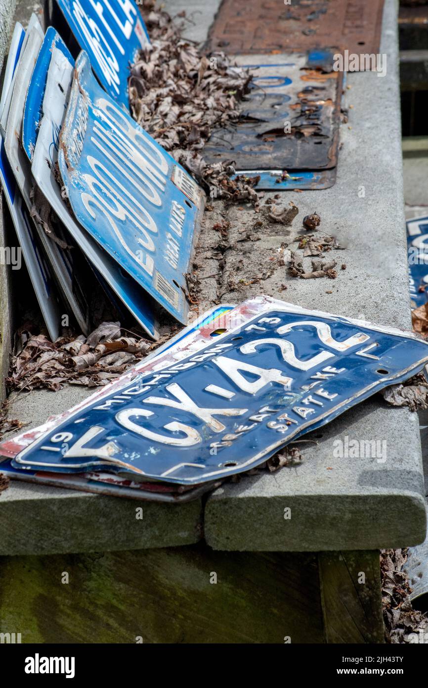 May 12 2022 Michigan USA; stacks of old license plates are for sale for collectors and people who use them for arts and crafts Stock Photo