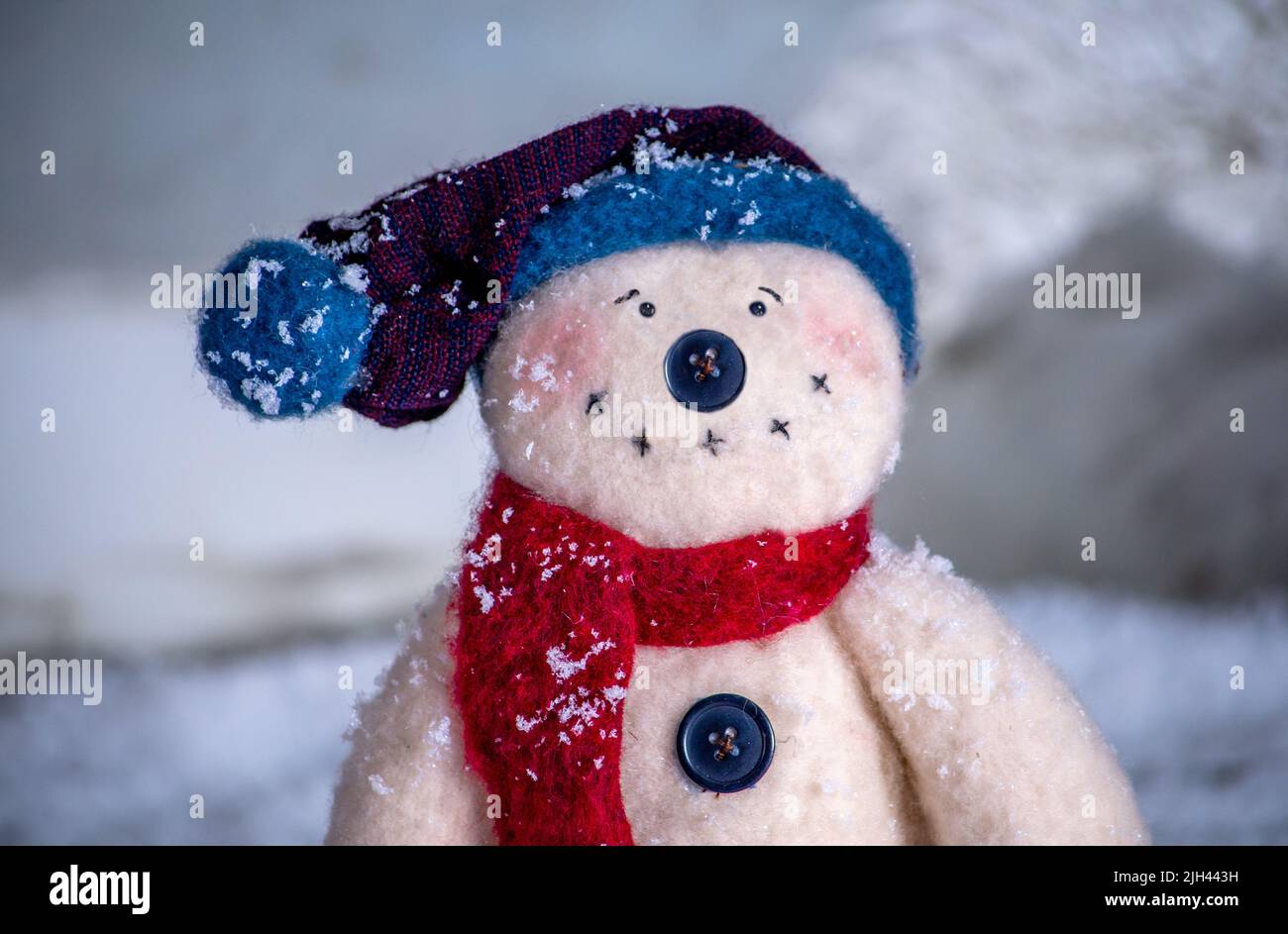 portrait of a smiling snowman with a button nose and a stocking cap Stock Photo