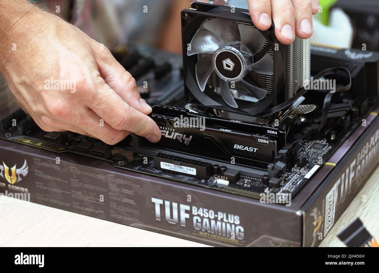 Man installing Furry Beast RAM DDR4 stick and air cooling system of PC processor. PC assembly and modernization. Russia, 17.08.2021 Stock Photo
