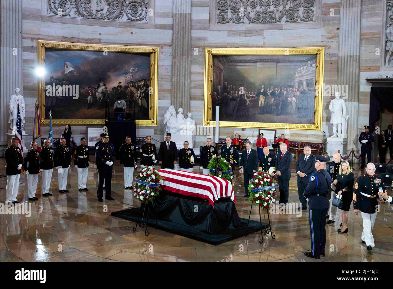 Washington DC, USA. 14th July, 2022. Members of the Marine Corps and others pay respects to Hershel Woodrow “Woody” Williams, the last Medal of Honor recipient of World War II to pass away, in the U.S. Capitol Rotunda as his remains lie in honor in Washington, DC, USA, on Thursday, July 14, 2022. Williams, who passed away at age 98, received the award for action in the Battle of Iwo Jima. Photo by Tom Williams/Pool/ABACAPRESS.COM Credit: Abaca Press/Alamy Live News Stock Photo