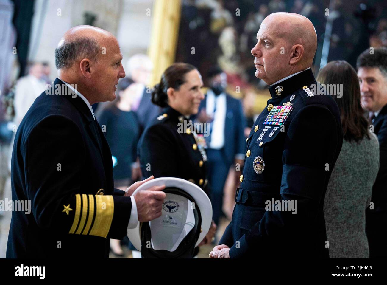 Washington DC, USA. 14th July, 2022. Commandant of the Marine Corps Gen. David H. Berger, right, and Chief of Naval Operations Adm. Mike Gilday, are seen before the remains of Hershel Woodrow “Woody” Williams, the last Medal of Honor recipient of World War II to pass away, were to lie in honor in the U.S. Capitol Rotunda in Washington, DC, USA, on Thursday, July 14, 2022. Williams, who passed away at age 98, received the award for action in the Battle of Iwo Jima. Photo by Tom Williams/Pool/ABACAPRESS.COM Credit: Abaca Press/Alamy Live News Stock Photo
