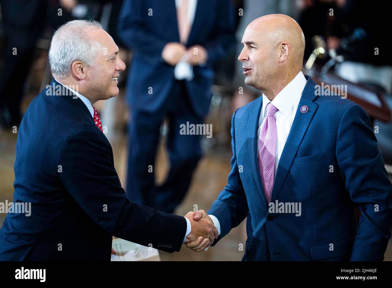 Washington DC, USA. 14th July, 2022. House Minority Whip Steve Scalise, R-La., left, and Rep. Jake Ellzey, R-Texas, are seen before the remains of Hershel Woodrow “Woody” Williams, the last Medal of Honor recipient of World War II to pass away, were to lie in honor in the U.S. Capitol Rotunda in Washington, DC, USA, on Thursday, July 14, 2022. Williams, who passed away at age 98, received the award for action in the Battle of Iwo Jima. Photo by Tom Williams/Pool/ABACAPRESS.COM Credit: Abaca Press/Alamy Live News Stock Photo