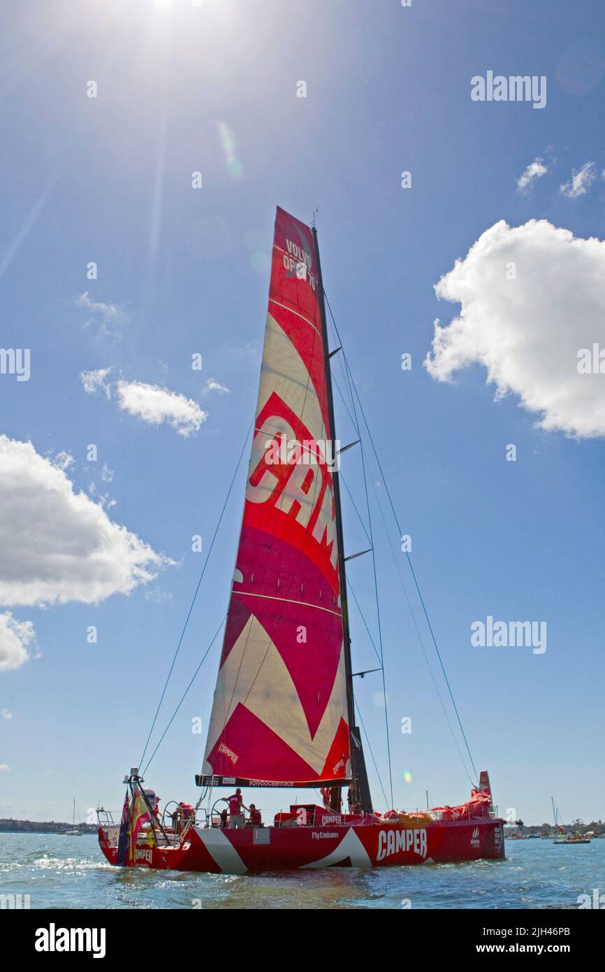 Camper with Emirates Team New Zealand takes part in the Pro-Am Race as part of the in-port activities of the Volvo Ocean Race, Auckland, New Zealand, Stock Photo