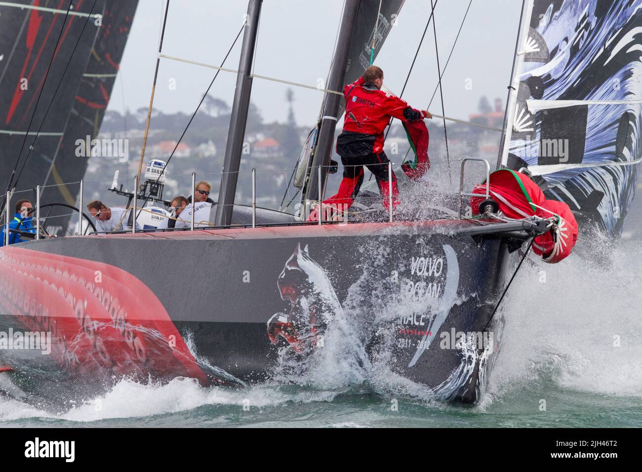 Puma Ocean Racing's Bowman Casey Smith on board as the team compete in the in-port race as part of the Volvo Ocean Race, Auckland, New Zealand, Stock Photo