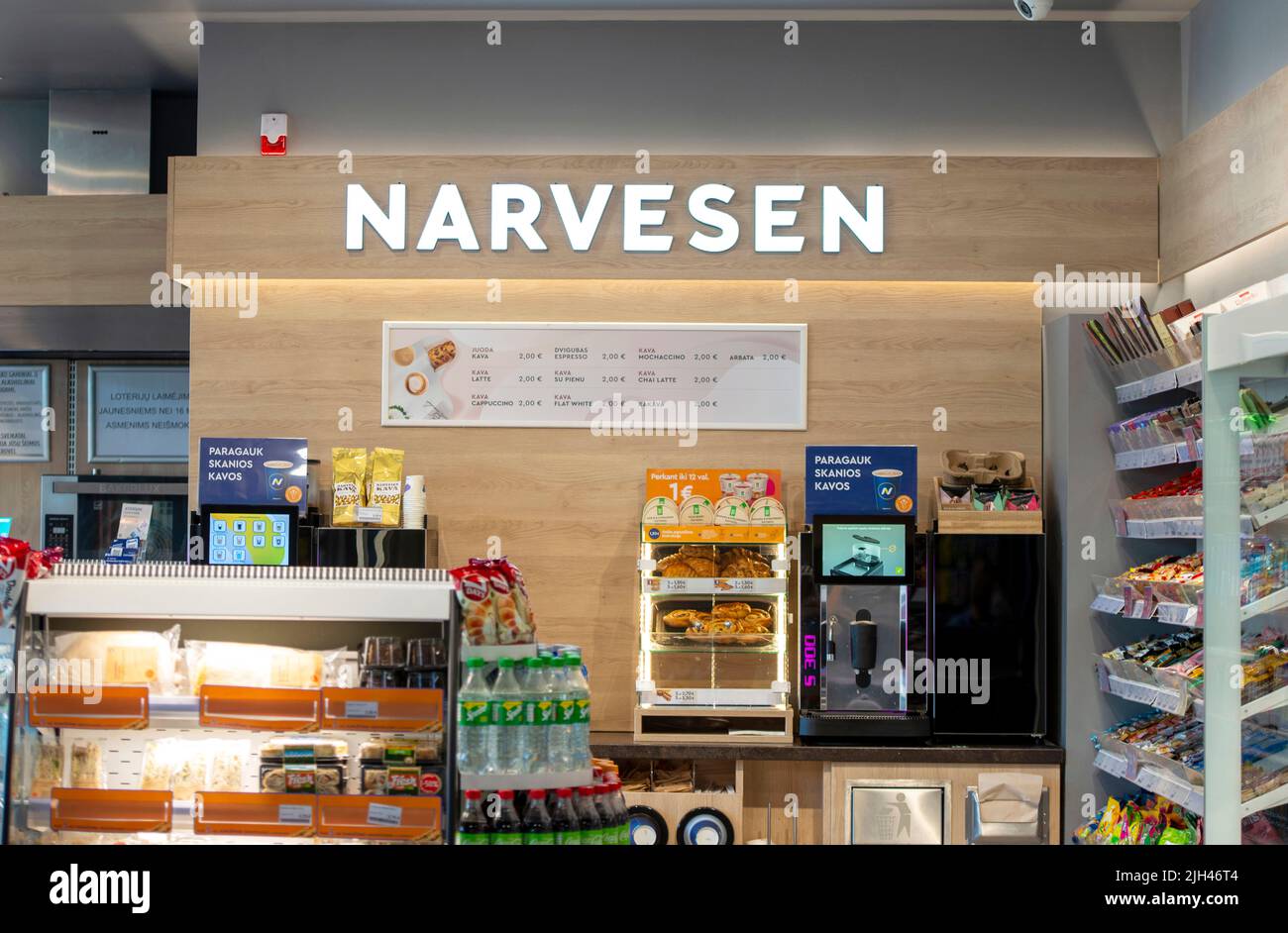 KAUNAS - JUL 09: Narvesen shop express in Kaunas, July 09. 2022 in Lithuania. Narvesen is a Norwegian chain of newsagents,  convenience stores. Stock Photo