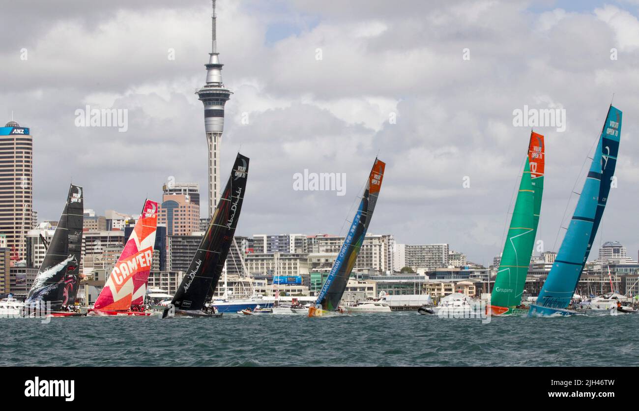 Puma Ocean Racing, left, Camper with Emirates Team New Zealand, Abu Dhabi Ocean Racing, Team Sanya, Groupama Sailing Team and Team Telefonica Stock Photo