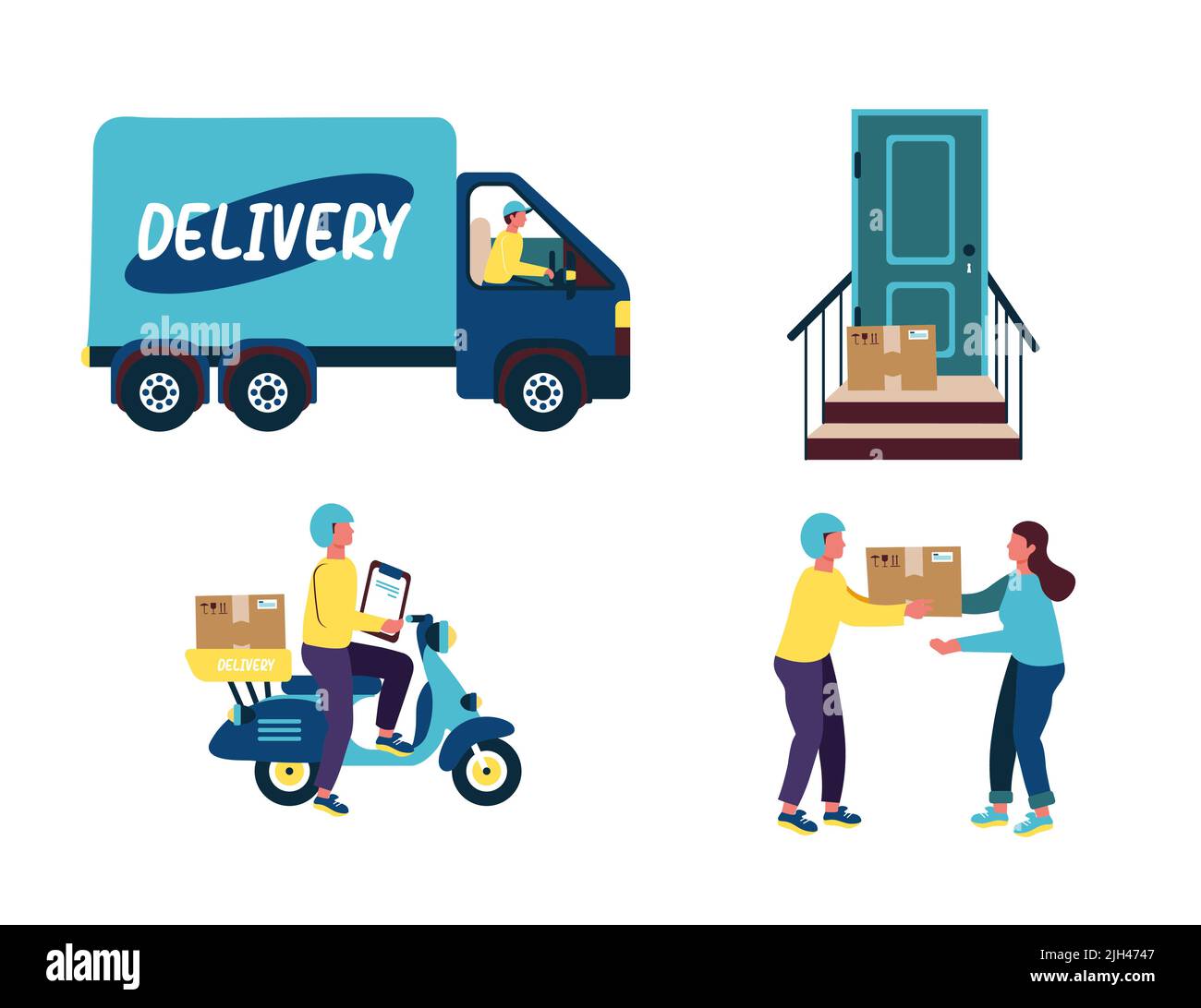 parcel delivery courier giving parcel to customer courier waiting with customer sheet parcel under door Stock Vector
