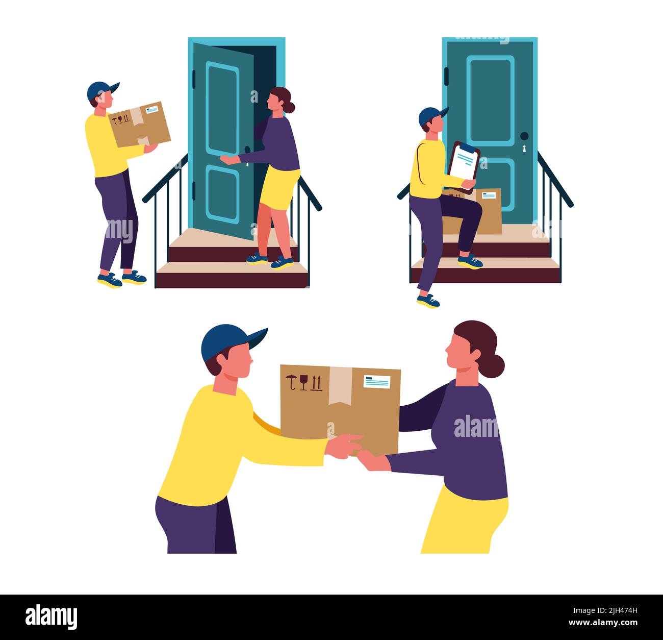 courier at the door of the client the client is waiting for the parcel at the door delivering the parcel to the door Stock Vector