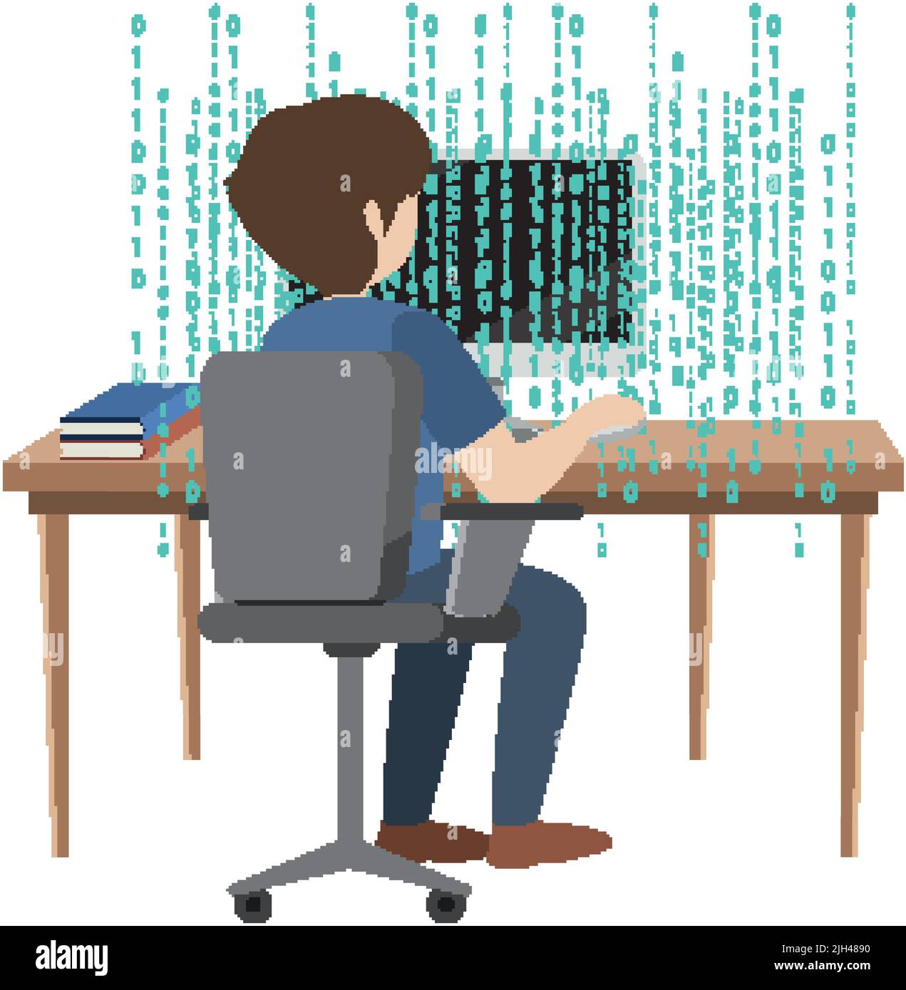 Back of a man using laptop with binary code illustration Stock Vector ...