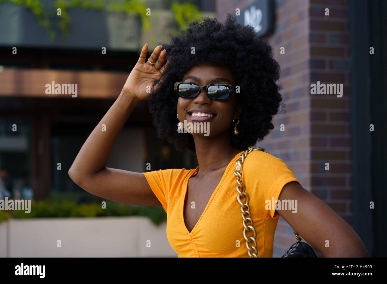 Portrait of young black woman with afro hairstyle smiling in urban ...