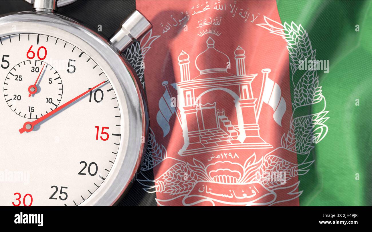 Symbolic image on the topic of Afghanistan and time. Stopwatch lies on Afghanistan flag. Stock Photo