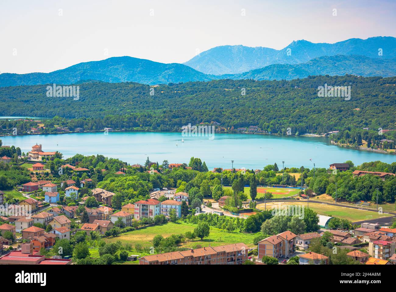 High angle view of the Lago Grande Big Lake of Avigliana in Piedmont Region Northern Italy Stock Photo