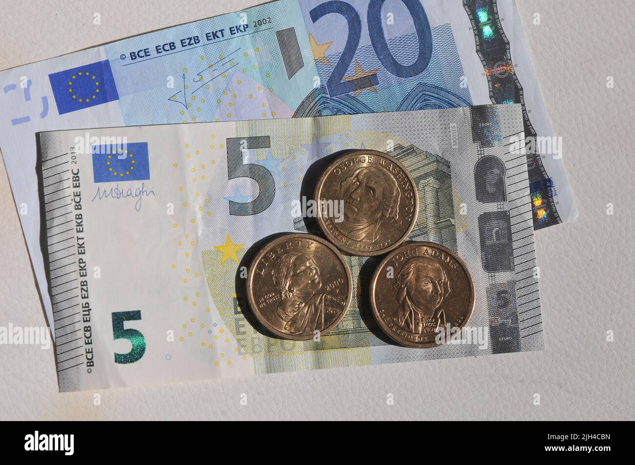 Copenhagen /Denmark/15 July 2022/ American dollar against Euro currency in world economy euroe notes and usa dolar note and coins in Copenhagen Denmark.(Photo..Francis  Dean/Dean Pictures. Stock Photo