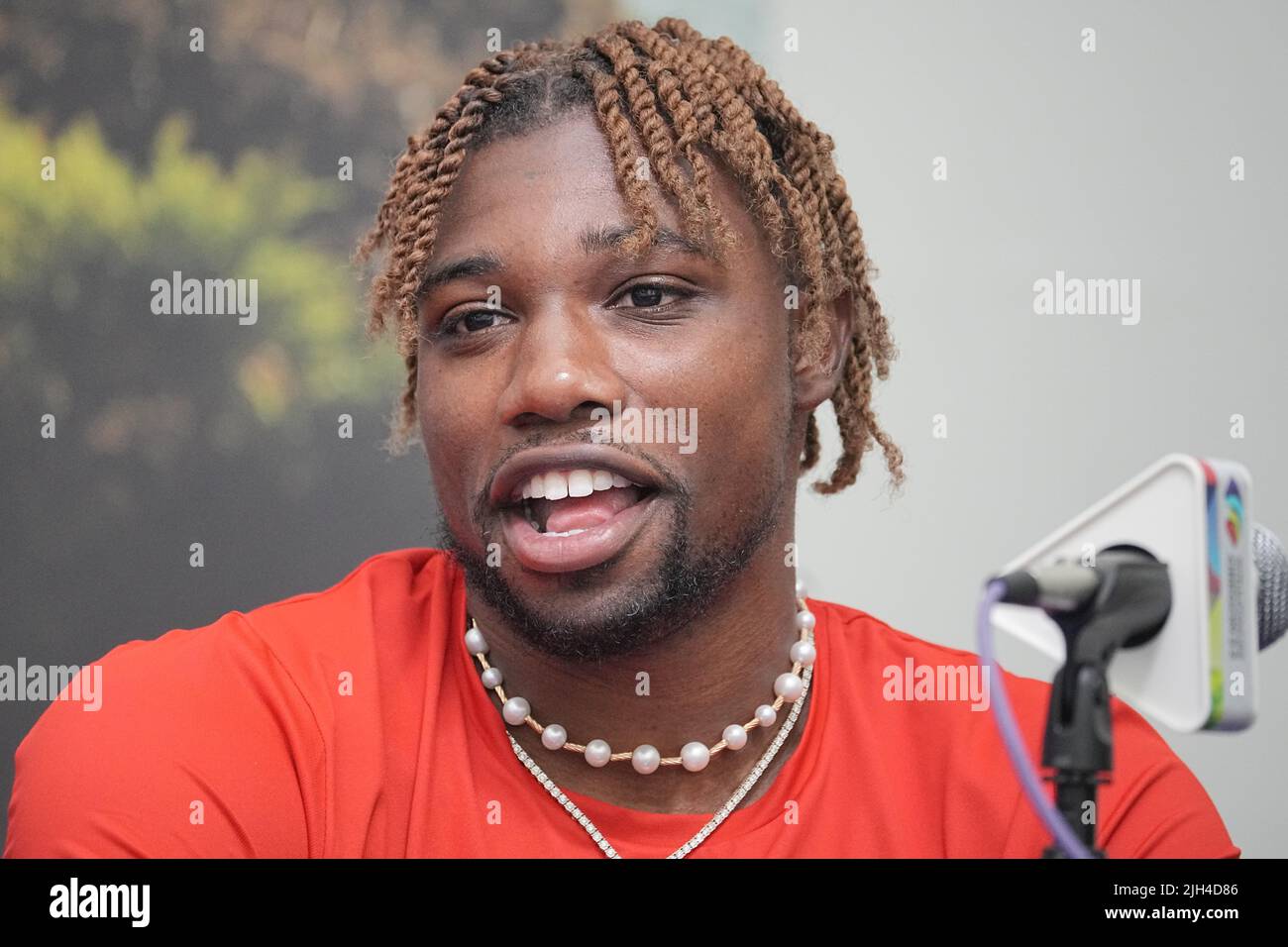 Eugene, USA. 14th July, 2022. Noah Lyles, USA, speaks at a press