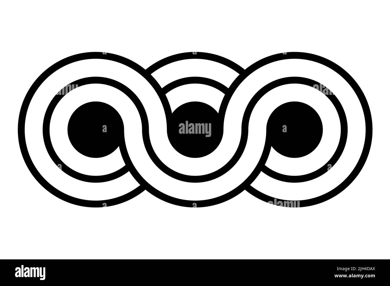 Triple infinity symbol. Three circles with staggered border lines, connected to each other in a wave-like manner and in a loop, expressing infinity. Stock Photo
