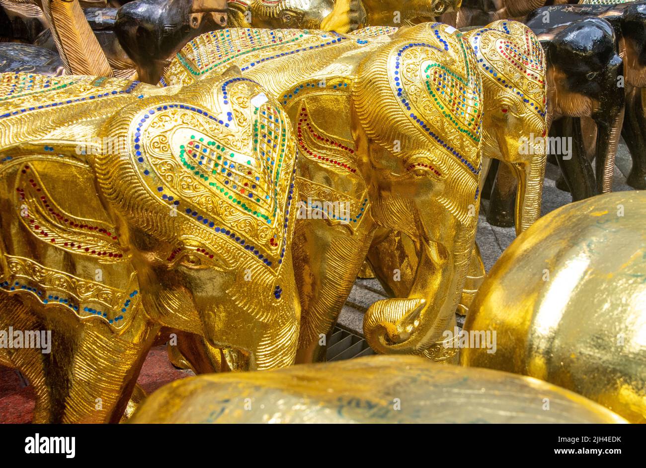 Brass elephant statues at the Erawan Hindu Shrine in Bangkok Stock