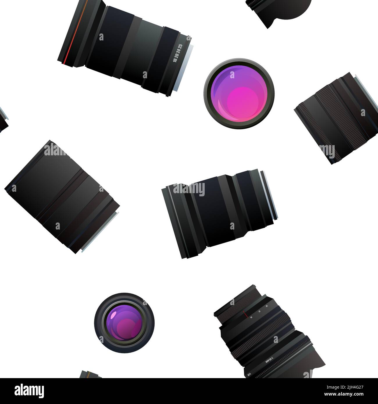 Set of lenses for camera. Various sizes and focal lengths. Optical device. Shooting equipment. Seamless pattern. Object isolated on white background. Stock Vector