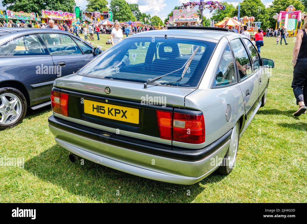 Rear view of a 1990 Mark 3 Vauxhall Cavalier in silver at The Berkshire Motor Show in Reading, UK Stock Photo