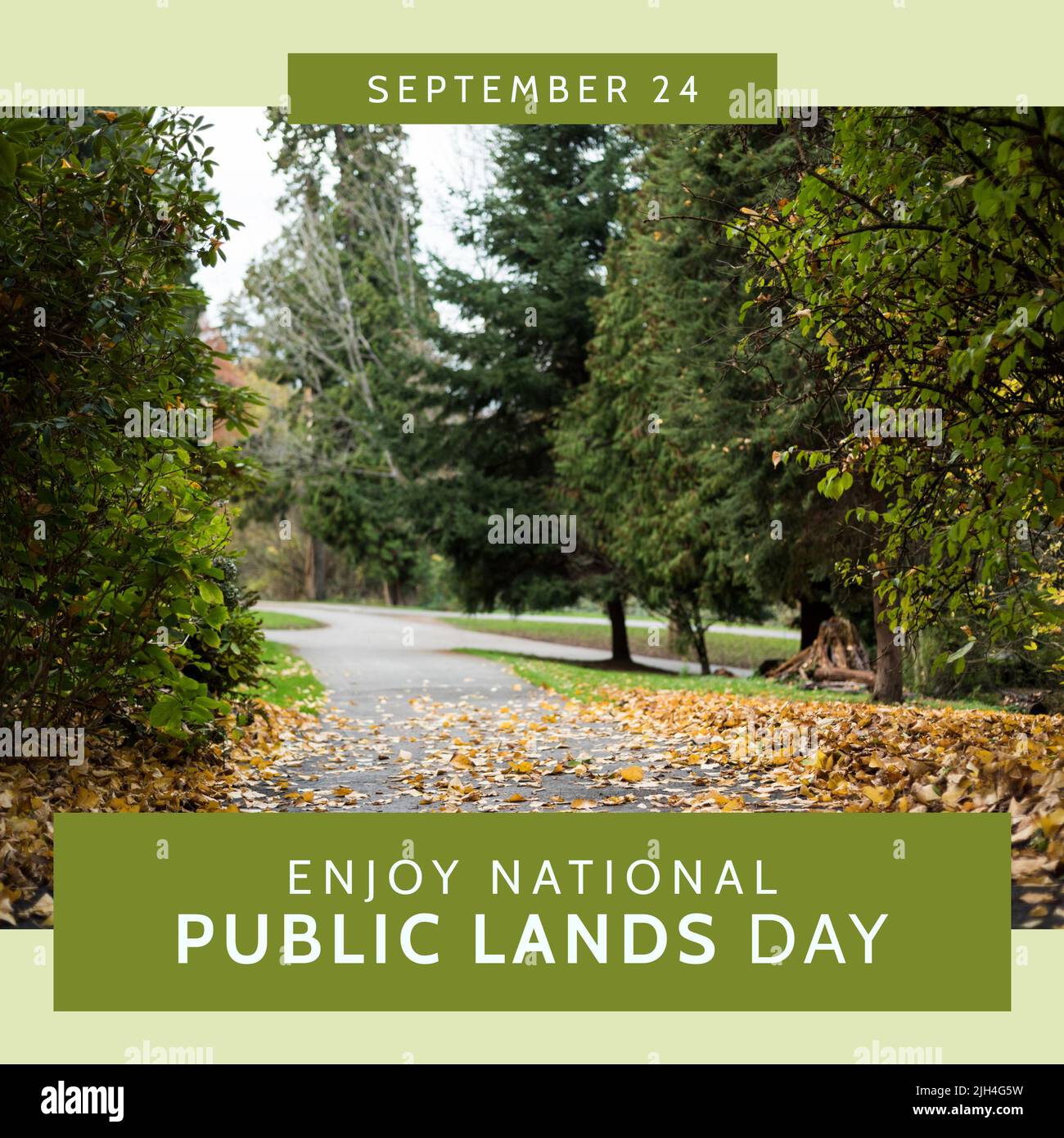 Composition of enjoy national public lands day text with landscape on green background Stock Photo