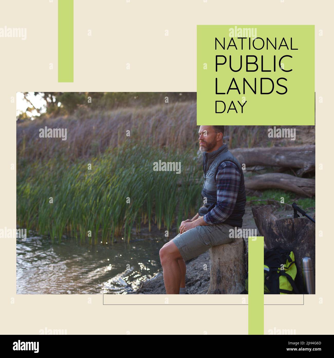 Composition of national public lands day text with caucasian man on beige background Stock Photo