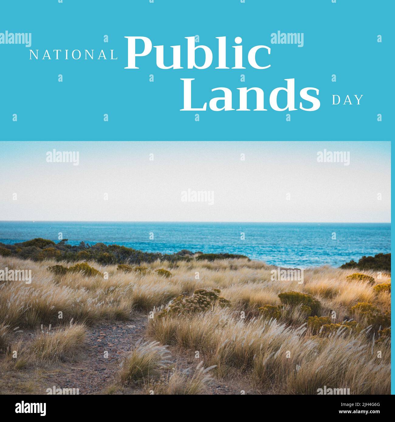 Composition of national public lands day text beach on blue background Stock Photo