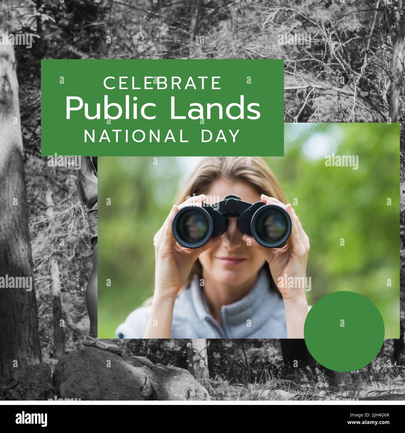 Composition of celebrate national public lands day text with caucasian woman hiking and landscape Stock Photo