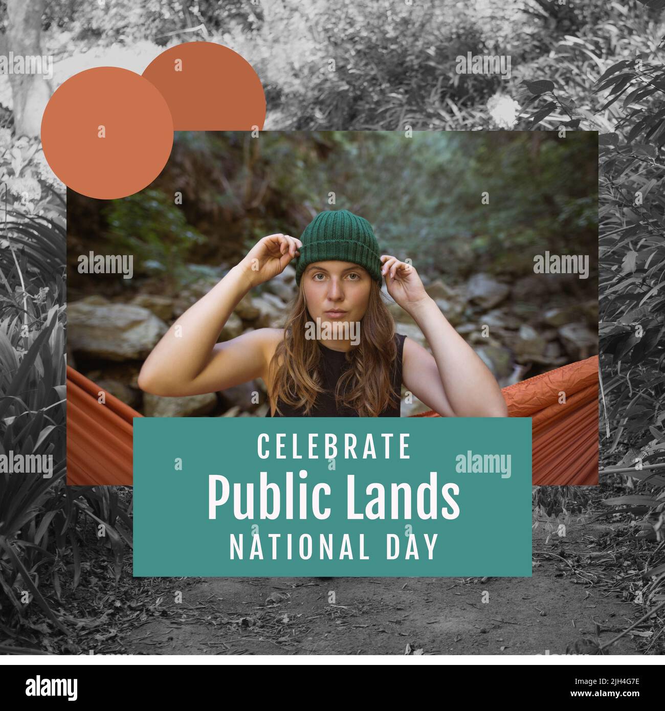 Composition of celebrate national public lands day text with caucasian woman hiking and landscape Stock Photo