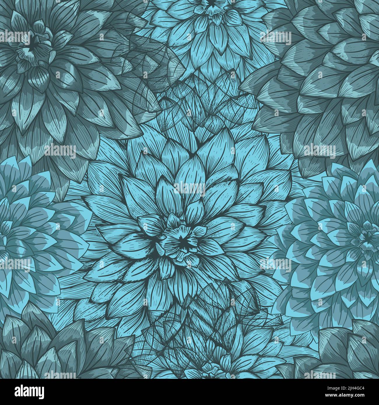 Abstract elegant seamless pattern with handdrawn blue chrysanthemums