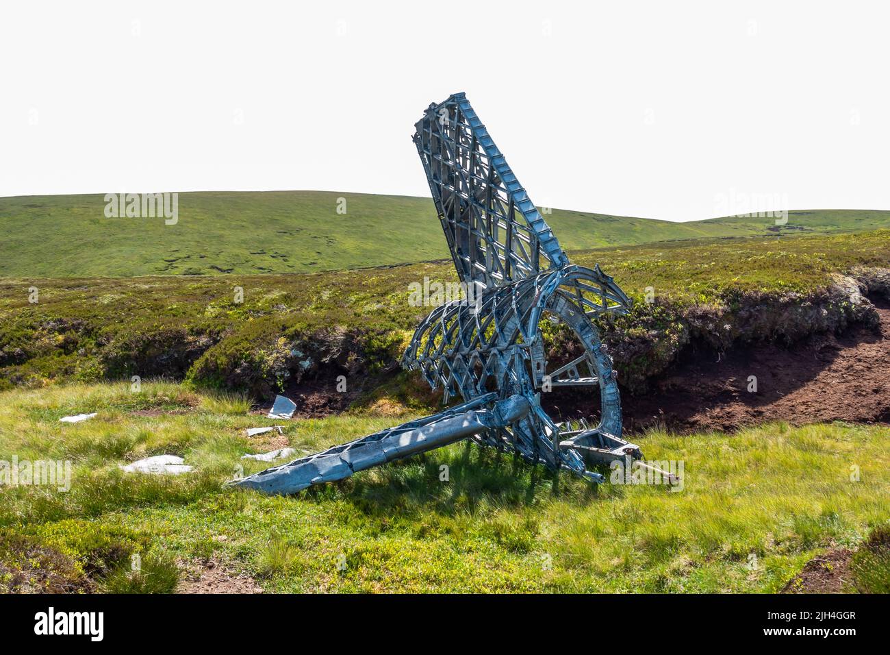 Part of the tail of a Vickers Wellington bomber wreckage that crashed in 1942 on the hill near Ben Tirran in Glen Clova, Angus, Scotland Stock Photo