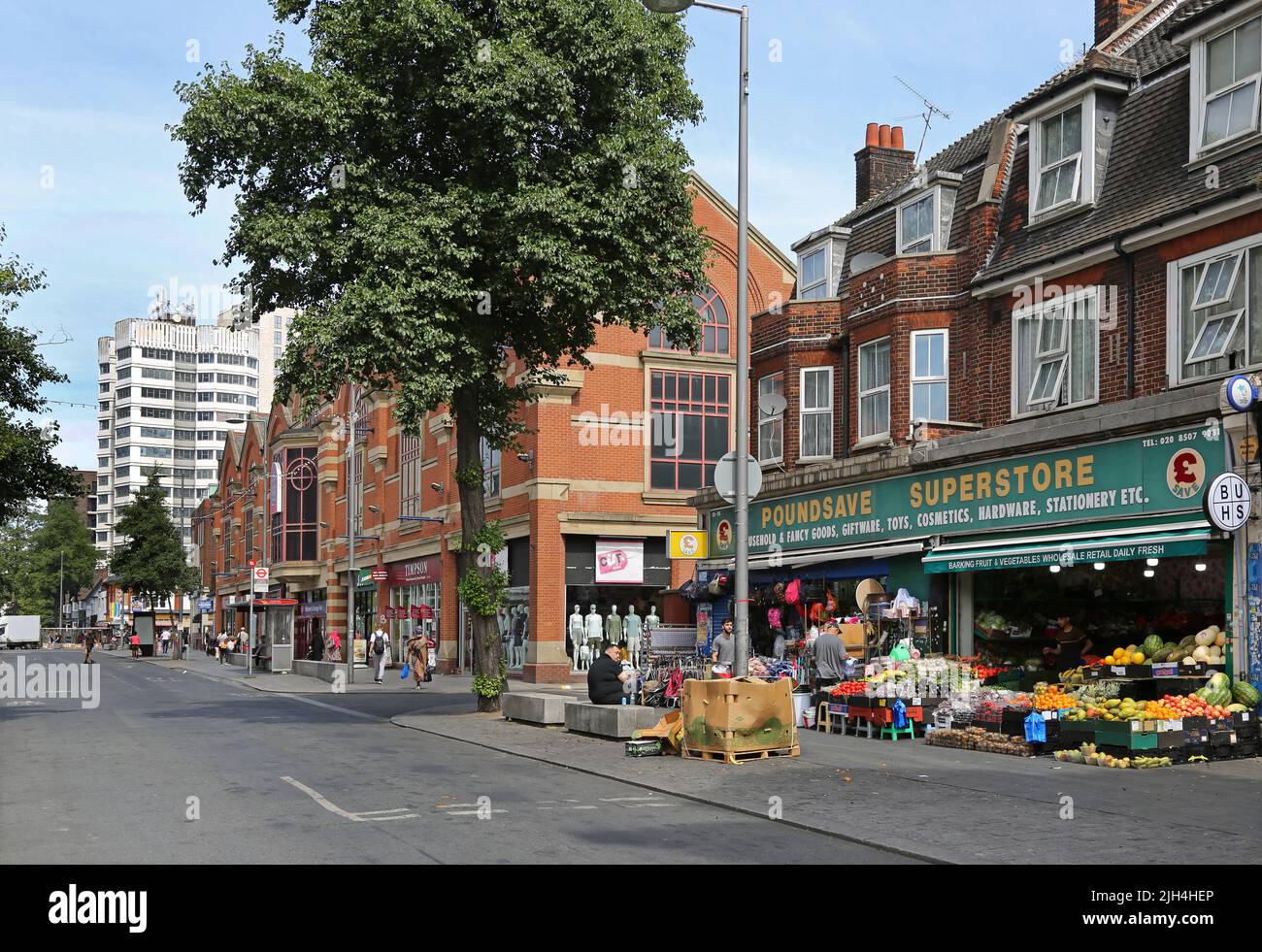 Barking town centre, London, UK. Ripple Road, shows Vicarage Field Shopping Centre (centre) and local greengrocer (right). Stock Photo