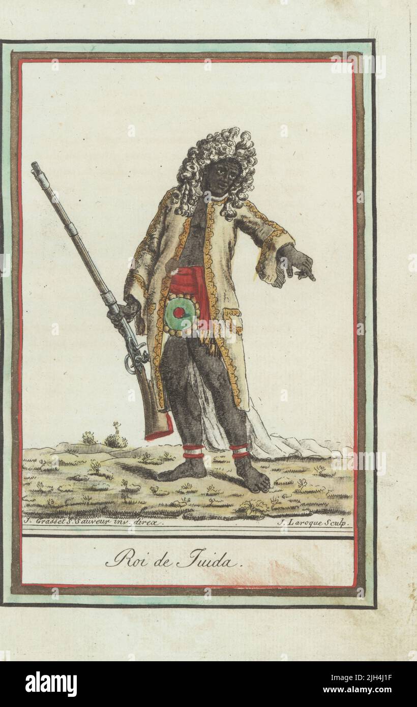 Costume of a king of the Kingdom of Whydah, Africa (now Benin). . In Louis XIV perruque or wig, justacorps coat, sash belt, holding an arquebus. Possibly a portrait of King Haffon (1695–1727), last ruler of the kingdom. Roi de Juida. Handcoloured copperplate engraving by J. Laroque after a design by Jacques Grasset de Saint-Sauveur from his Encyclopedie des voyages, Encyclopedia of Voyages, Bordeaux, France, 1792. Stock Photo
