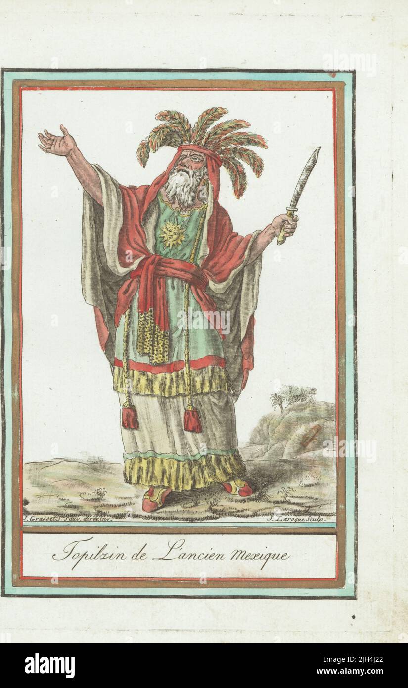 Topiltzin or high priest of the ancient Aztec or Mexica people, Mexico. In feather headdress, long fringed simar robe, sun pendant on his chest, sandals. Holding a ceremonial knife used in ritual sacrifice. Topilzin de l'ancien Mexique. Handcoloured copperplate engraving by J. Laroque after a design by Jacques Grasset de Saint-Sauveur from his Encyclopedie des voyages, Encyclopedia of Voyages, Bordeaux, France, 1792. Stock Photo