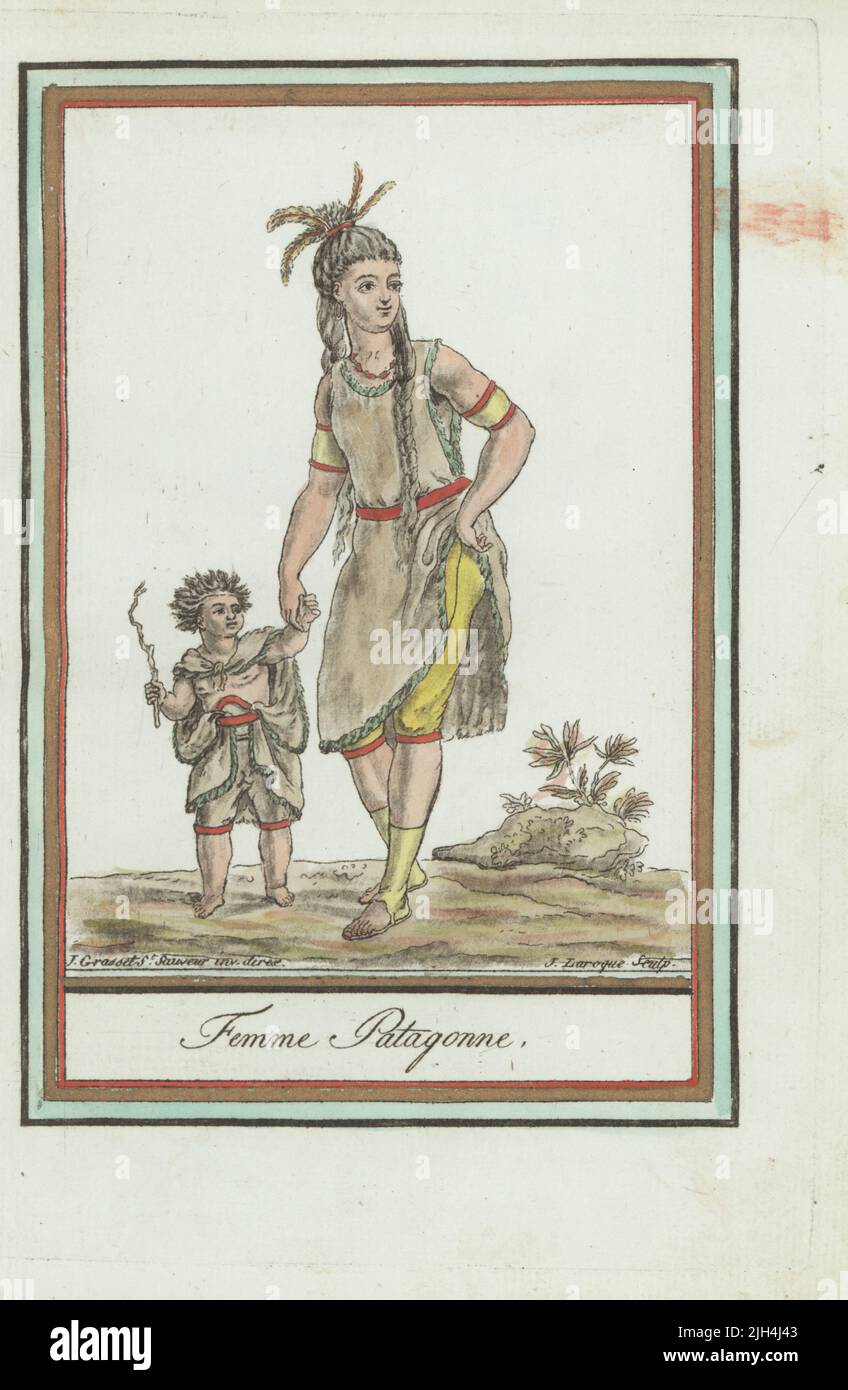 Native American woman and child of Patagonia, South America. In feather headdress, tunic of guanaco skin with the fur inside, culottes and gaiters. Perhaps of the extinct Yahgan people. Femme Patagonne. Handcoloured copperplate engraving by J. Laroque after a design by Jacques Grasset de Saint-Sauveur from his Encyclopedie des voyages, Encyclopedia of Voyages, Bordeaux, France, 1792. Stock Photo
