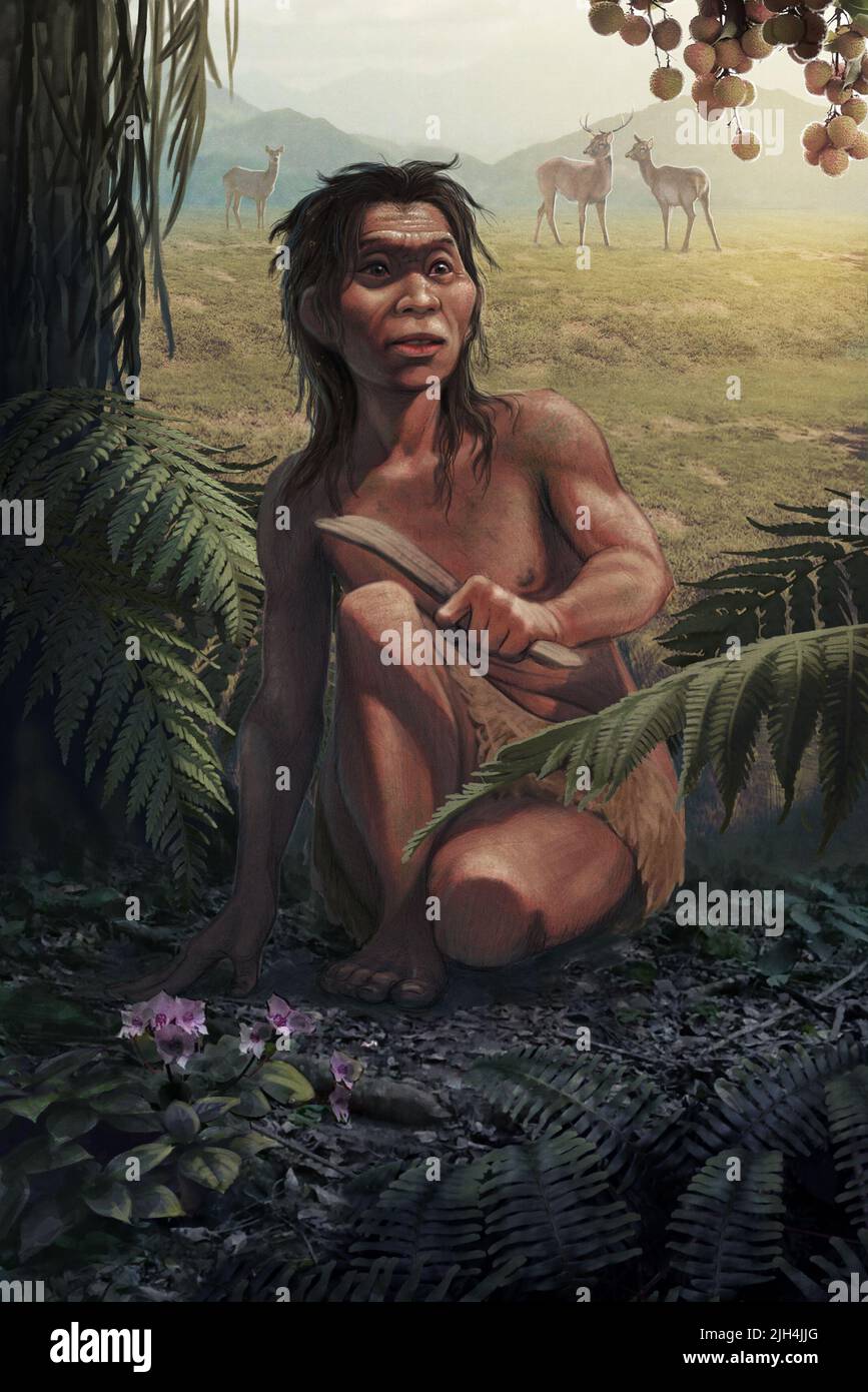 (220715) -- KUNMING, July 15, 2022 (Xinhua) -- A drawing provided by Kunming Institute of Zoology under the Chinese Academy of Sciences shows the reconstruction of a female 'Mengzi Ren (MZR)' and her living environment. Scientists have unveiled a Late Pleistocene human genome from southwest China. Their findings were published online in the journal Current Biology on Thursday night. The scientists conducted the genome sequencing of the 14,000-year-old human remains of the 'Mengzi Ren (MZR),' which were unearthed in 1989 in a cave in Mengzi, Yunnan Province. More than 30 human fossils, as wel Stock Photo