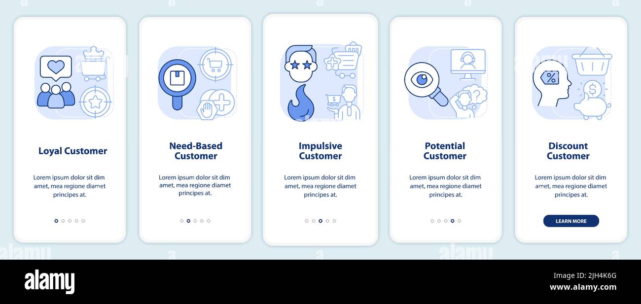 Types of customers light blue onboarding mobile app screen Stock Vector ...