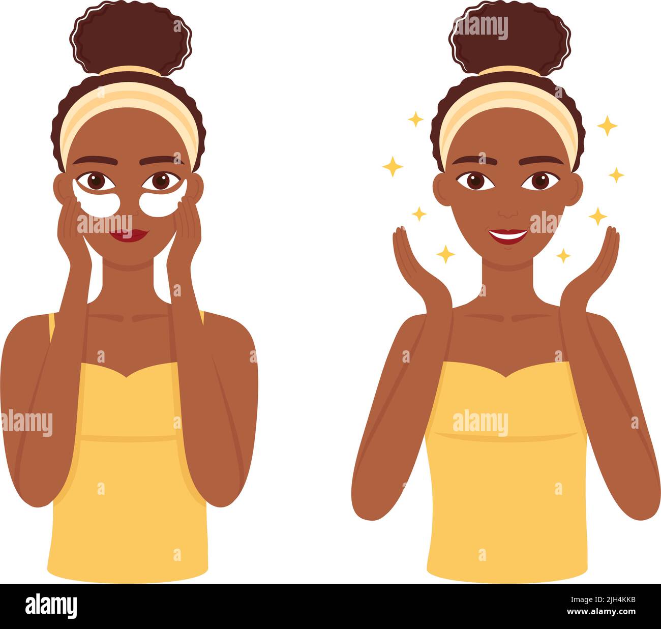 Young dark skinned woman care her skin around eyes. Beautiful girl with patches under eyes. Vector illustration Stock Vector
