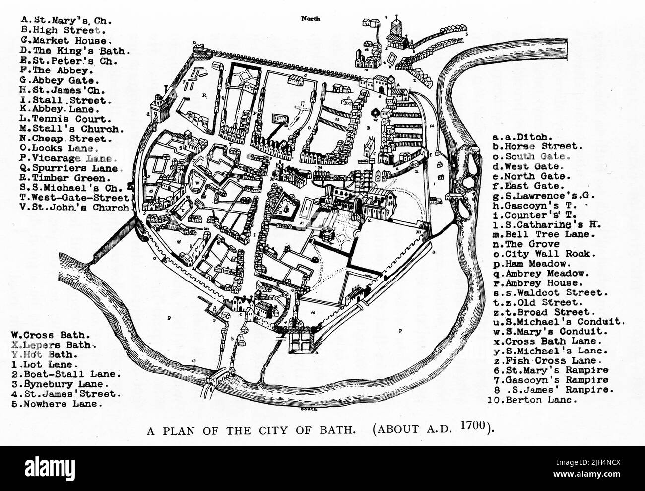 Engraving of plan of the city of Bath, England, in about 1700 AD. Stock Photo
