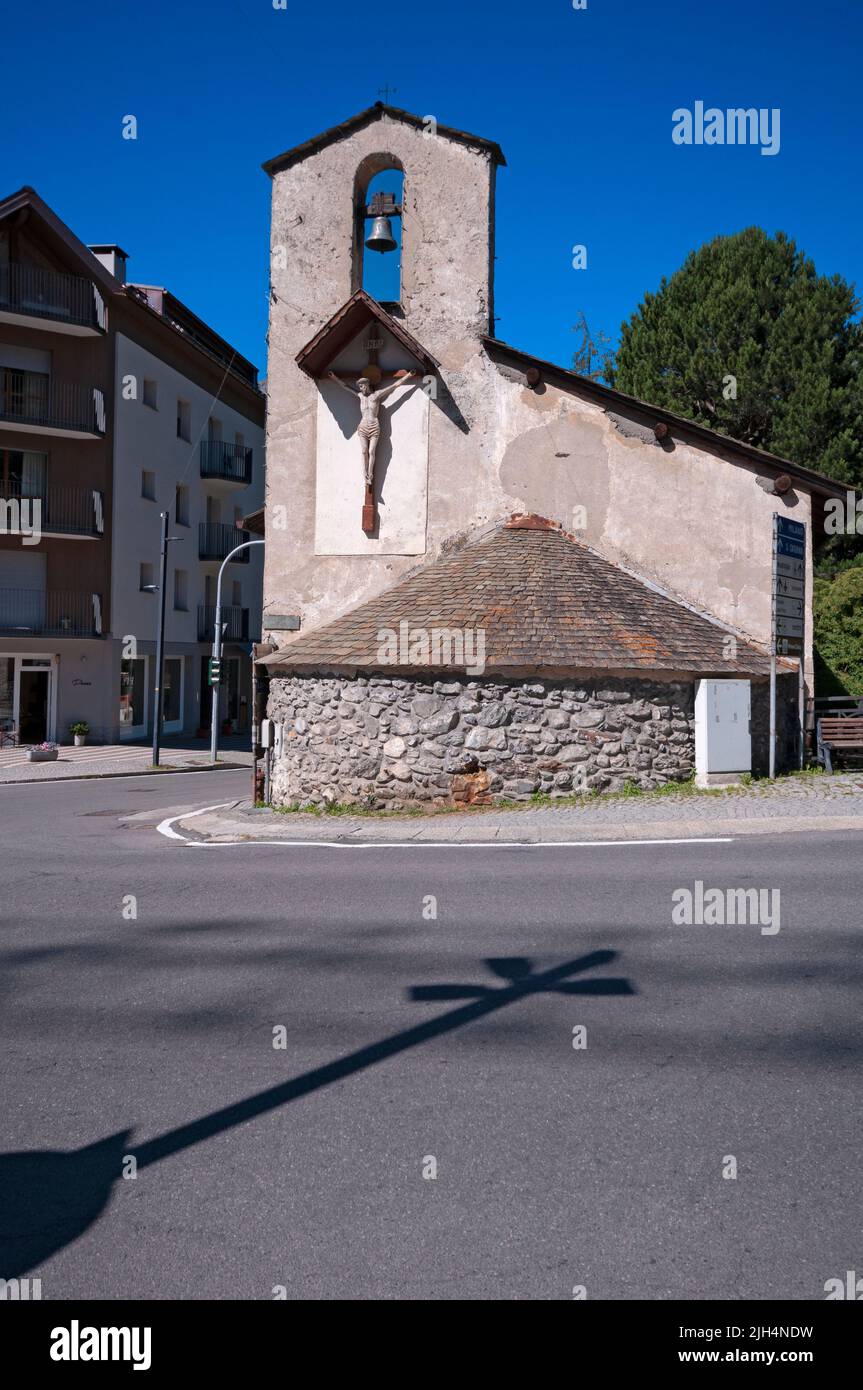 Italy, Lombardy, Valtellina, Bormio, Ex Santa Barbara Church, Detail Facade, Wooden Crucifix Stock Photo