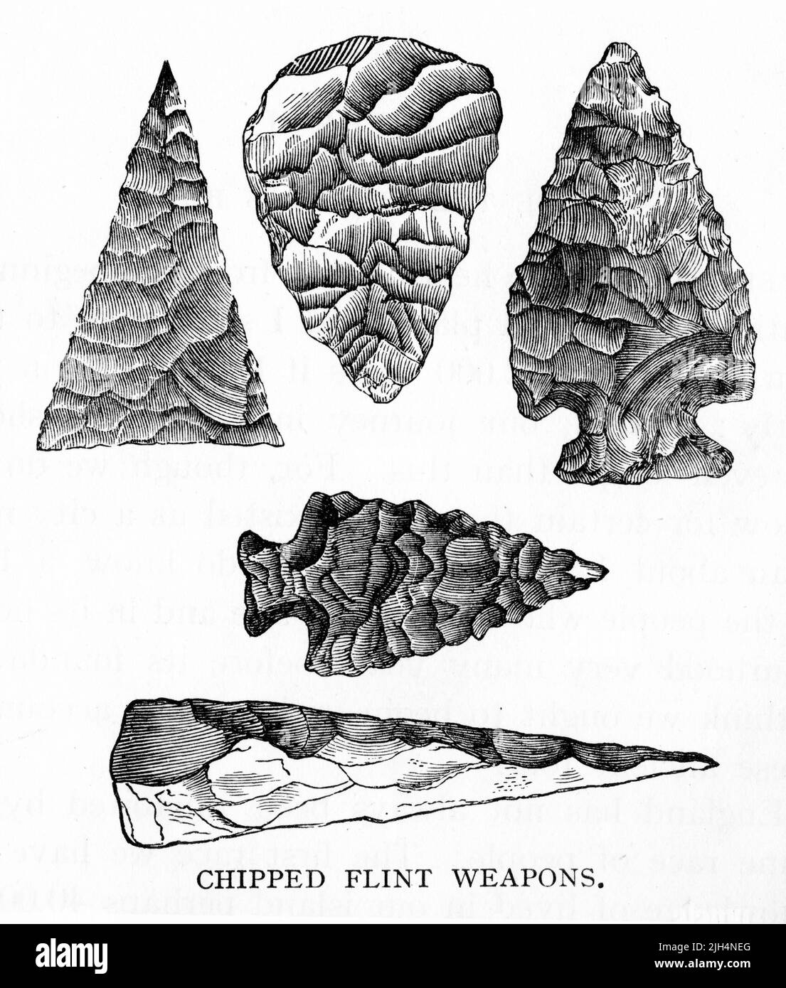Engraving of chipped flint weapons found near Bath, England Stock Photo