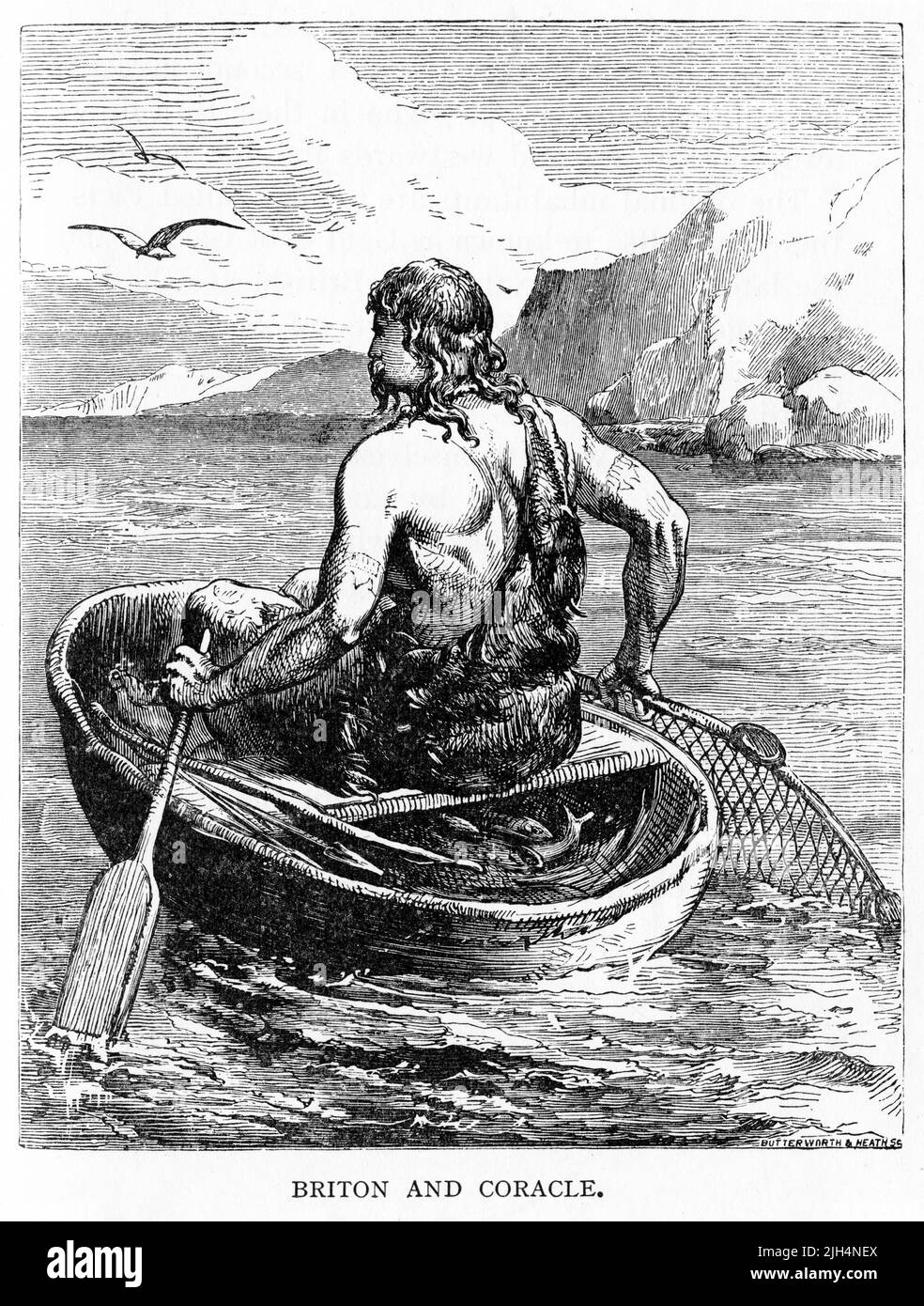 Engraving of an ancient Briton in a coracle Stock Photo